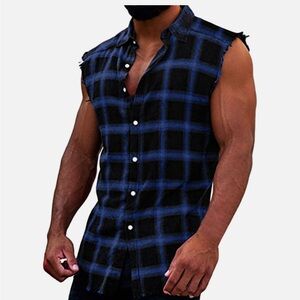 NWT Mens Sleeveless distressed Flannel Button Down black & blue plaid (XXL)